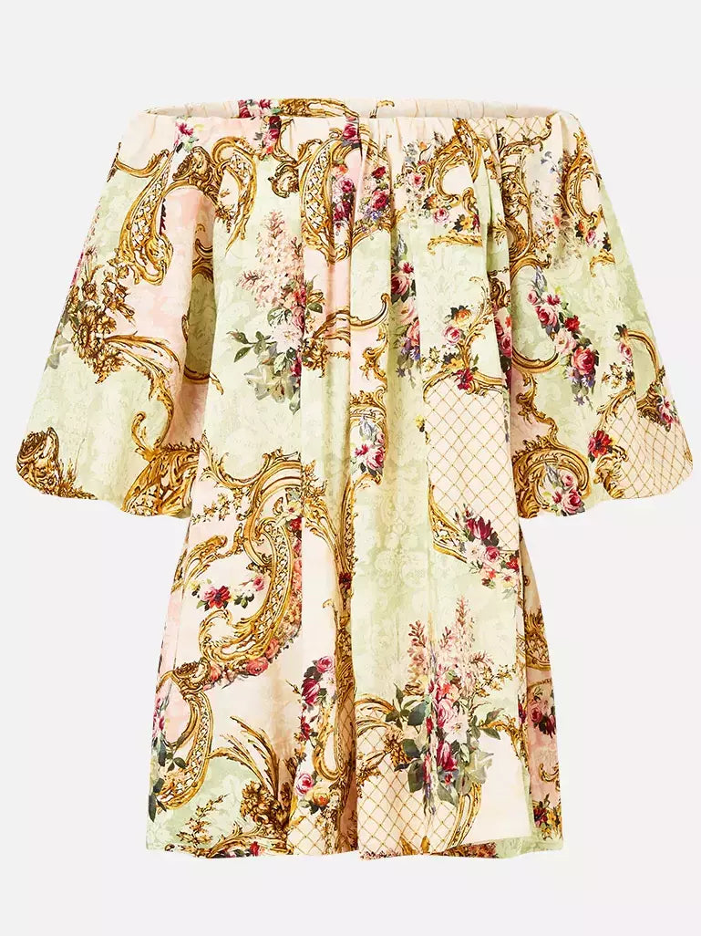 Off-Shoulder Puff-Sleeve Dress in Framed Floral Print - Dresses