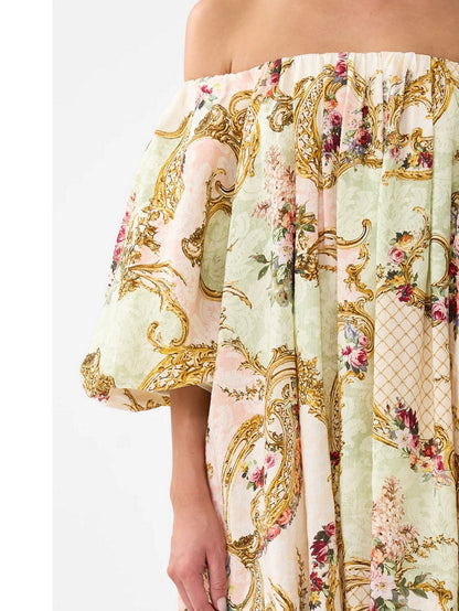 Off-Shoulder Puff-Sleeve Dress in Framed Floral Print - Dresses