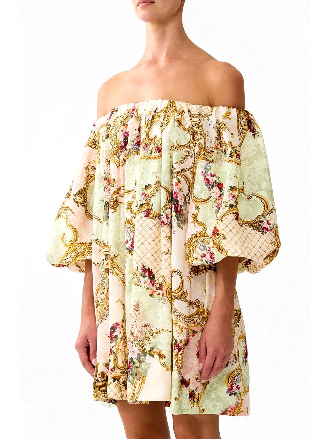 Off-Shoulder Puff-Sleeve Dress in Framed Floral Print - Dresses