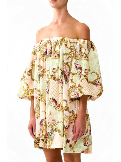 Off-Shoulder Puff-Sleeve Dress in Framed Floral Print - Dresses