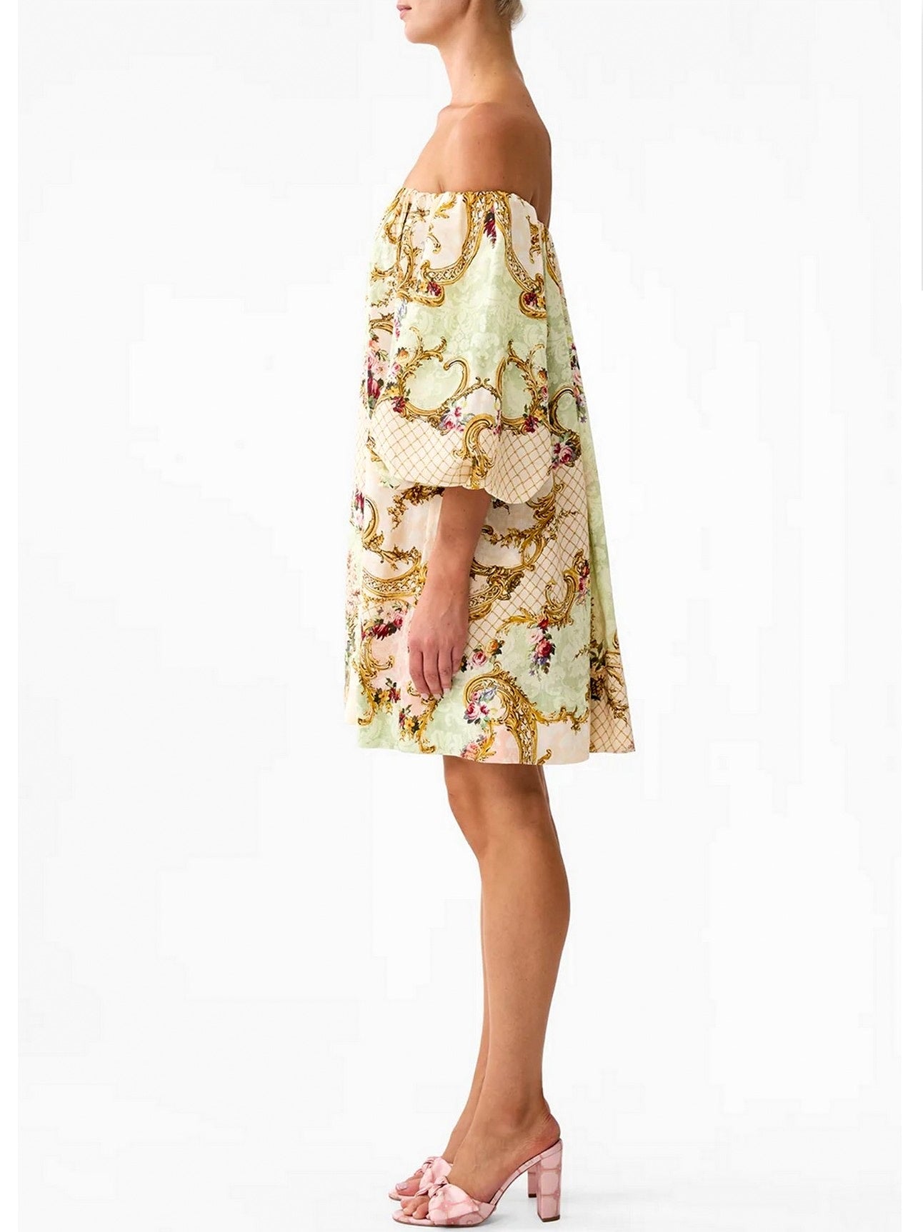 Off-Shoulder Puff-Sleeve Dress in Framed Floral Print - Dresses