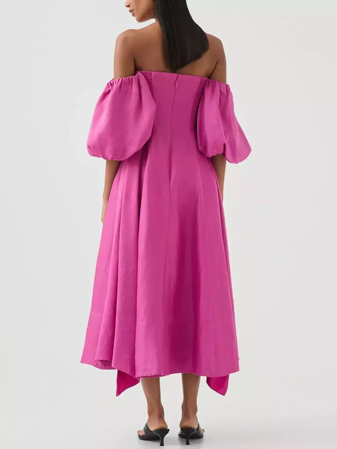 Off-Shoulder Puff-Sleeve Midi Dress in Magenta - Dresses