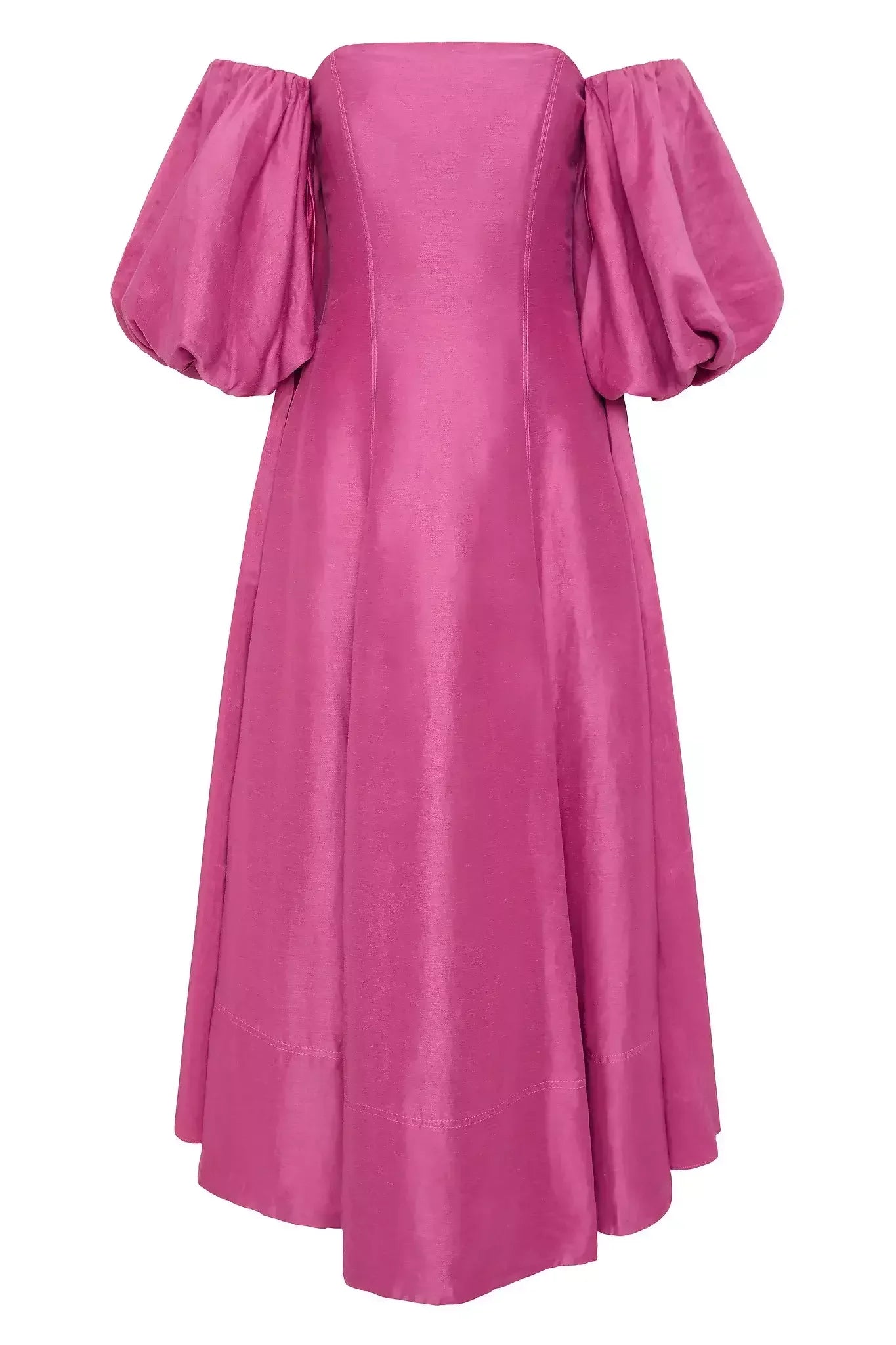 Off-Shoulder Puff-Sleeve Midi Dress in Magenta - Dresses