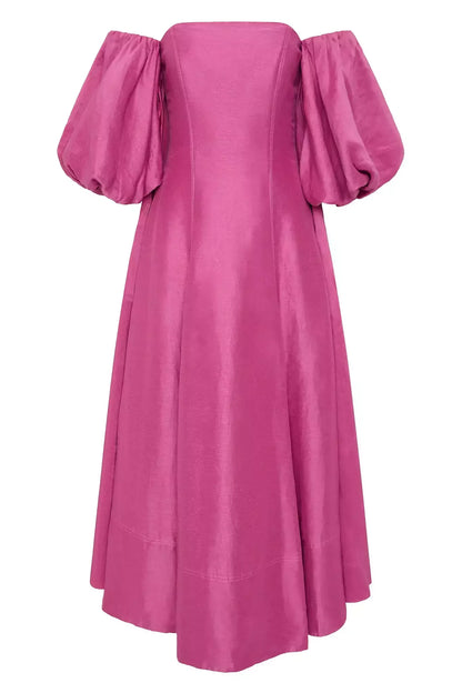 Off-Shoulder Puff-Sleeve Midi Dress in Magenta - Dresses