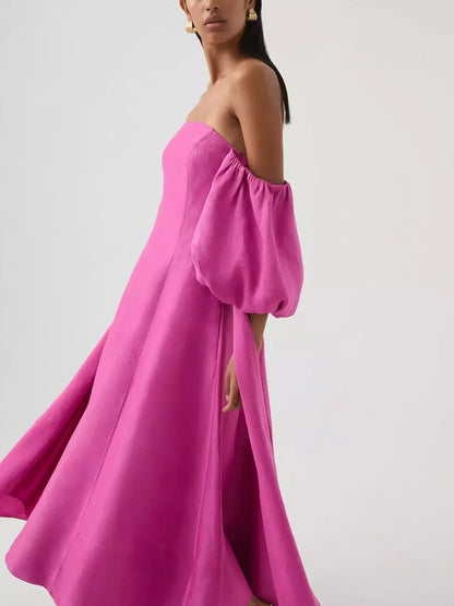 Off-Shoulder Puff-Sleeve Midi Dress in Magenta - Dresses