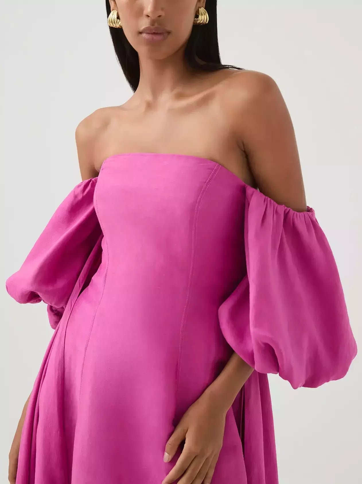 Off-Shoulder Puff-Sleeve Midi Dress in Magenta - Dresses