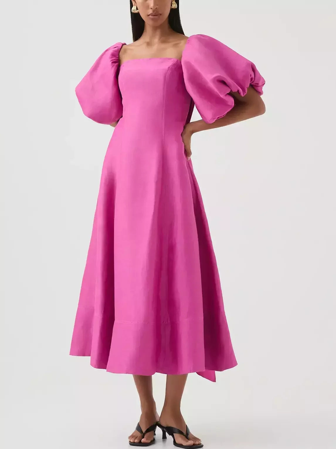 Off-Shoulder Puff-Sleeve Midi Dress in Magenta - Dresses