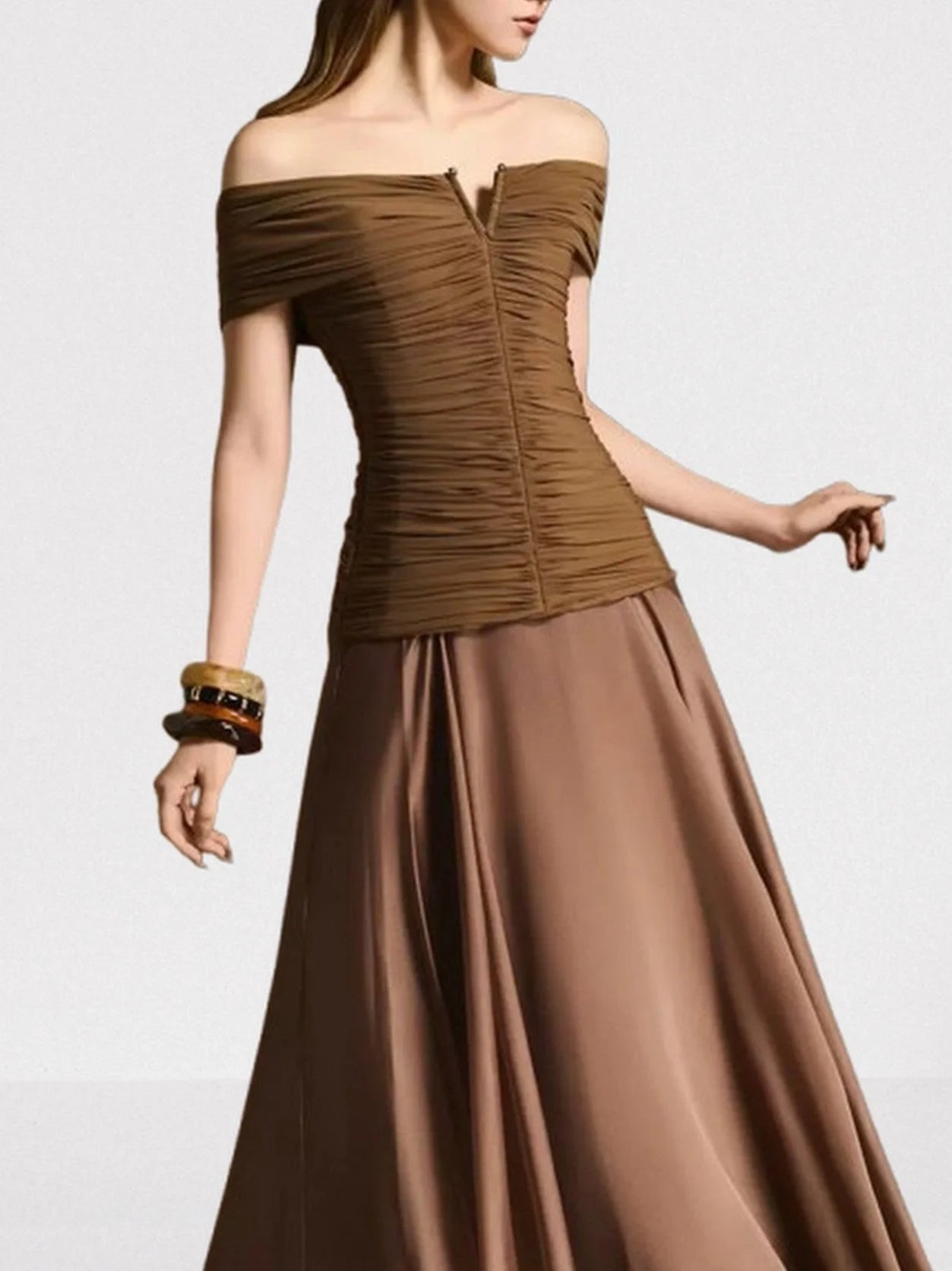 Off-Shoulder Ruched Stretch Top and Skirt Set - Suits & Sets