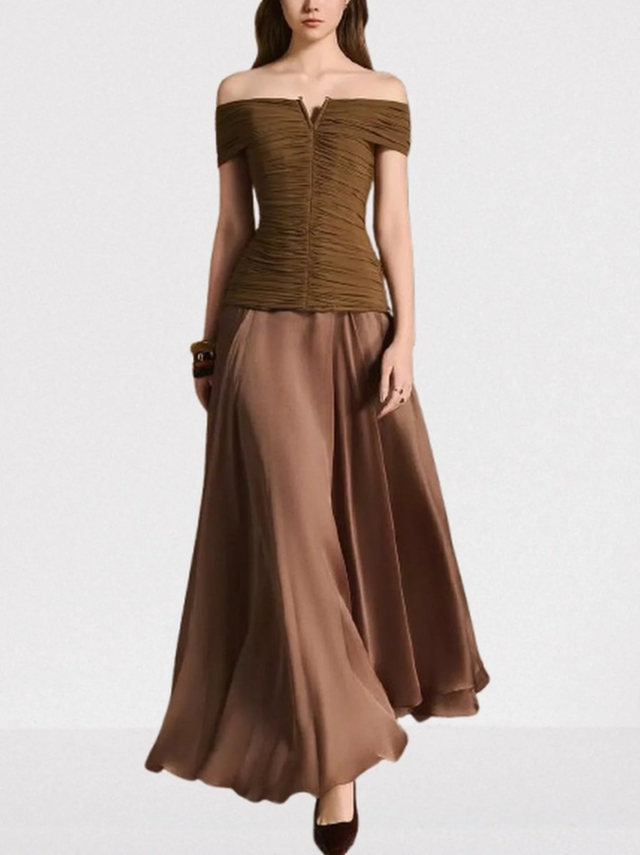 Off-Shoulder Ruched Stretch Top and Skirt Set - Suits & Sets