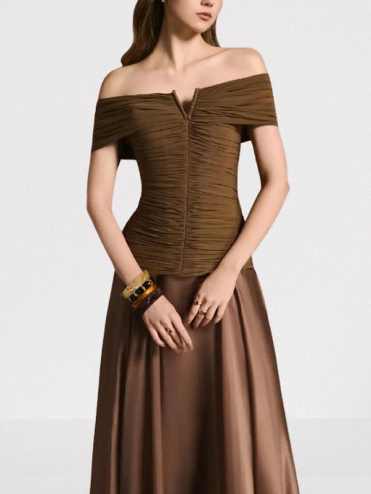 Off-Shoulder Ruched Stretch Top and Skirt Set - Suits & Sets