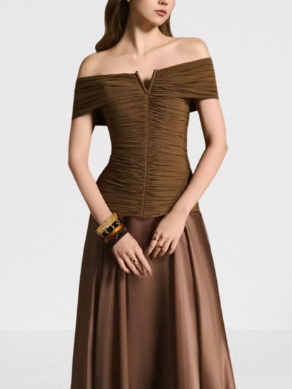 Off-Shoulder Ruched Stretch Top and Skirt Set - Suits & Sets