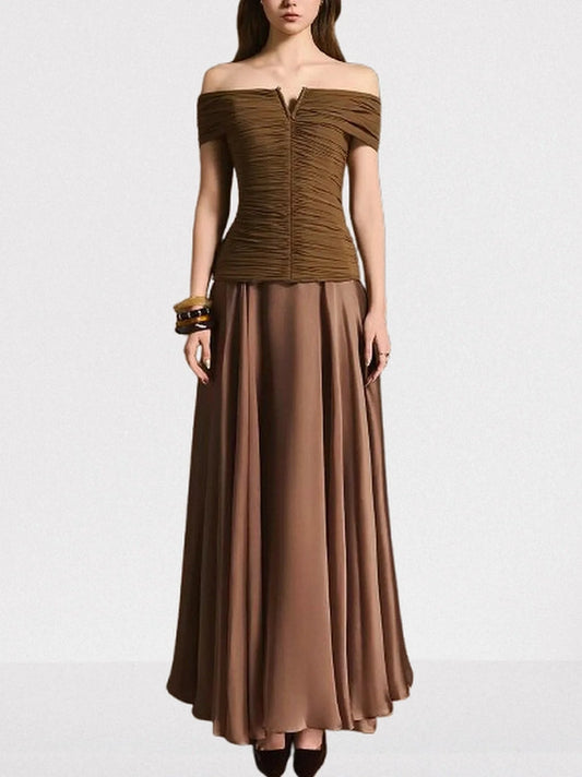 Off-Shoulder Ruched Stretch Top and Skirt Set - S - Suits & Sets