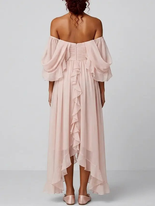 Off-Shoulder Ruffle Chiffon High-Low Maxi Dress - Dresses