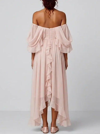 Off-Shoulder Ruffle Chiffon High-Low Maxi Dress - Dresses