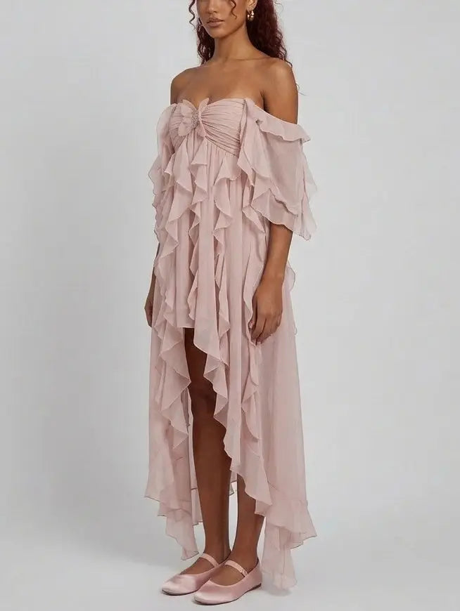 Off-Shoulder Ruffle Chiffon High-Low Maxi Dress - Dresses