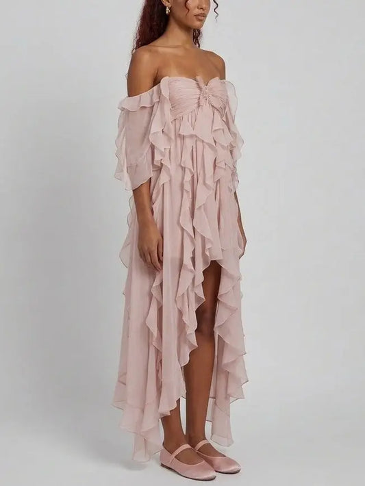 Off-Shoulder Ruffle Chiffon High-Low Maxi Dress - Dresses