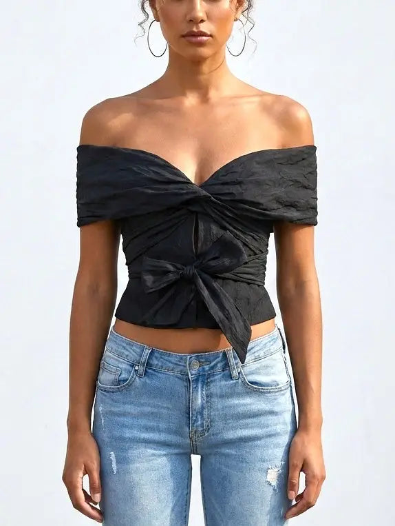 Off-Shoulder Twist-Front Tie Top in Black - Tops