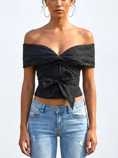 Off-Shoulder Twist-Front Tie Top in Black - Tops