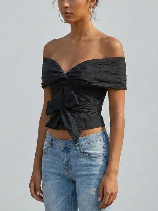 Off-Shoulder Twist-Front Tie Top in Black - Tops