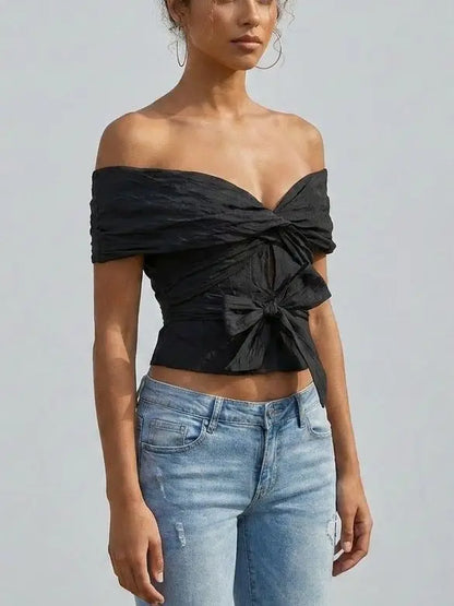 Off-Shoulder Twist-Front Tie Top in Black - Tops
