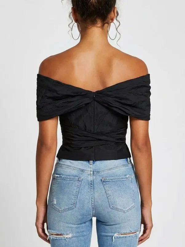 Off-Shoulder Twist-Front Tie Top in Black - Tops