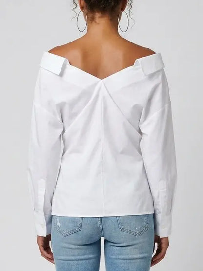 Off-Shoulder White Cotton Structured Shirt - Tops