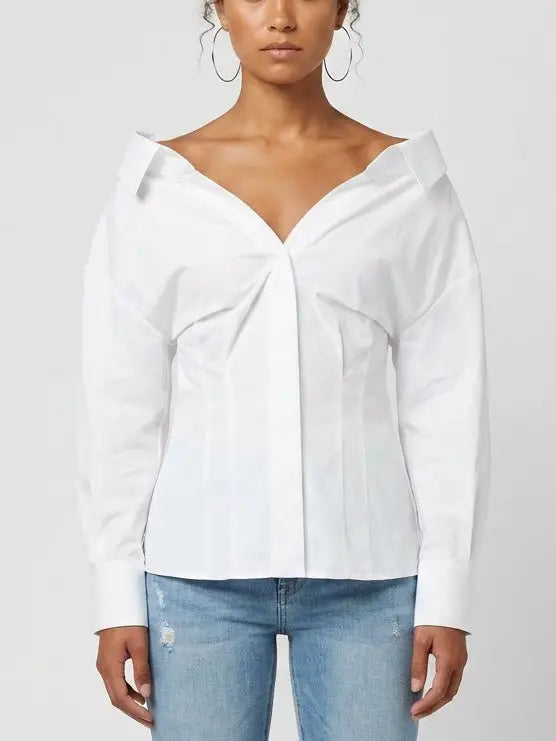 Off-Shoulder White Cotton Structured Shirt - Tops