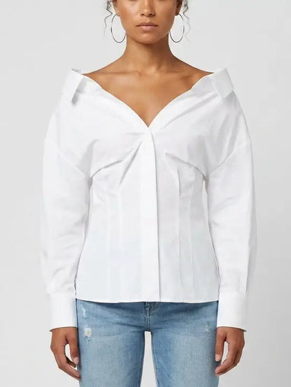 Off-Shoulder White Cotton Structured Shirt - Tops