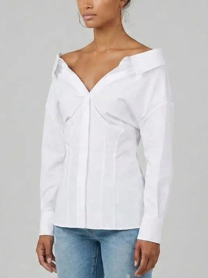 Off-Shoulder White Cotton Structured Shirt - Tops