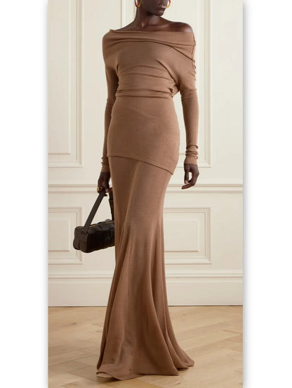 Off-The-Shoulder Knit Long Sleeve Top and Maxi Skirt Set in Camel - Branna Couture