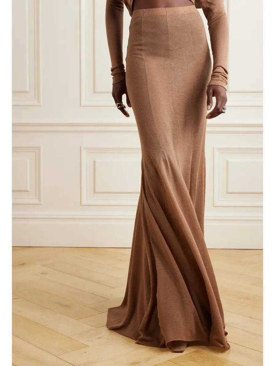 Off-The-Shoulder Knit Long Sleeve Top and Maxi Skirt Set in Camel - Branna Couture