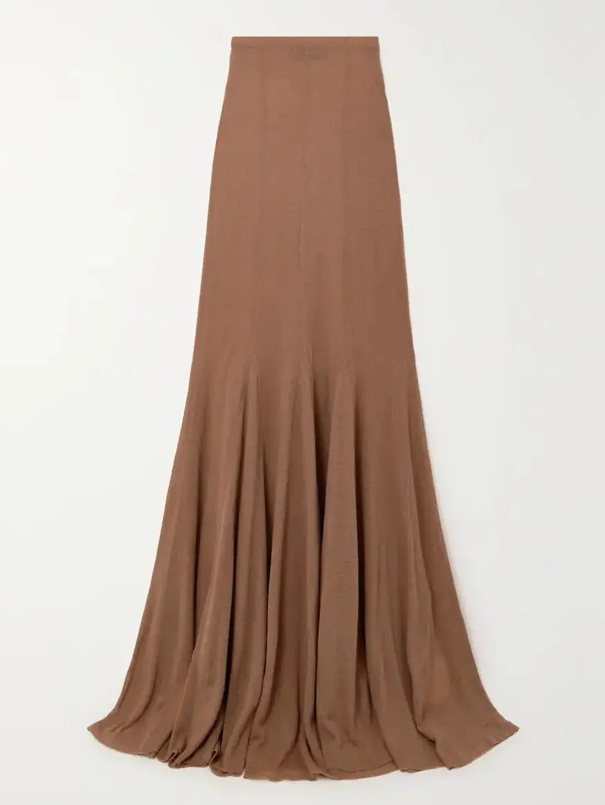 Off-The-Shoulder Knit Long Sleeve Top and Maxi Skirt Set in Camel - Branna Couture