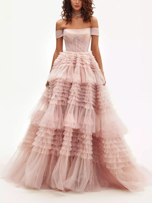 Off-The-Shoulder Tiered Tulle Corset Gown