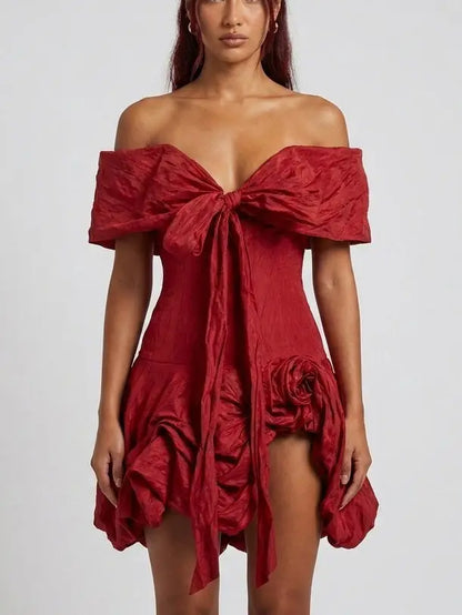 Off Shoulder Bow Front Mini Dress with 3D Floral Details - Dresses