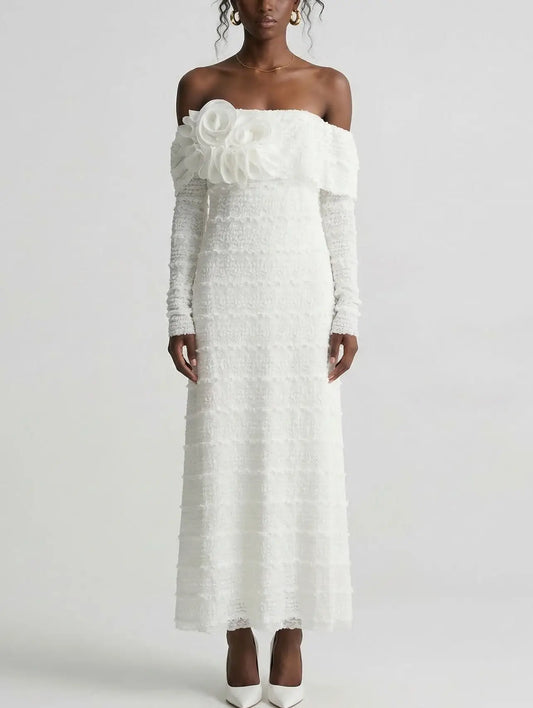 Off Shoulder Floral Appliqué Knit Midi Dress - S / White - Dresses