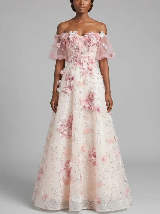 Off Shoulder Floral Appliqué Tulle Gown with Corset Back - XS - Dresses