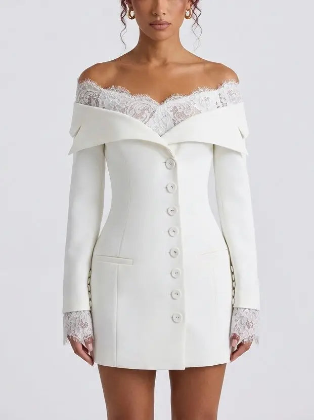 Off Shoulder Lace Trim White Mini Blazer Dress - S - Dresses