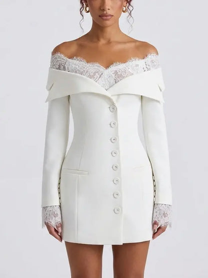 Off Shoulder Lace Trim White Mini Blazer Dress - S - Dresses