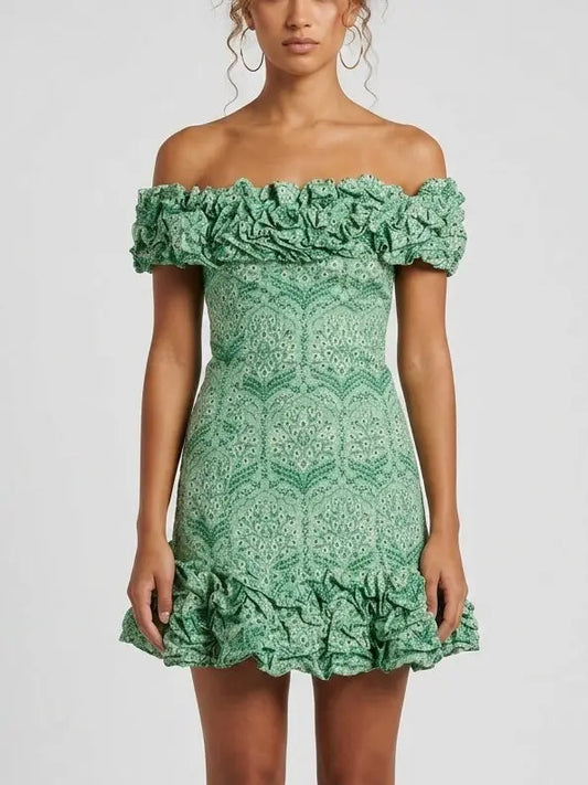 Off Shoulder Ruffle Trim Linen Mini Dress - S - Dresses