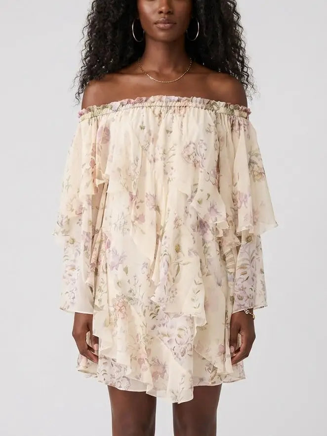 Off Shoulder Tiered Floral Silk Mini Dress - XS - Dresses