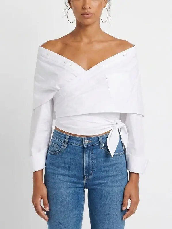 Off Shoulder Wrap Tie Waist Cotton Shirt - Small / White - Tops