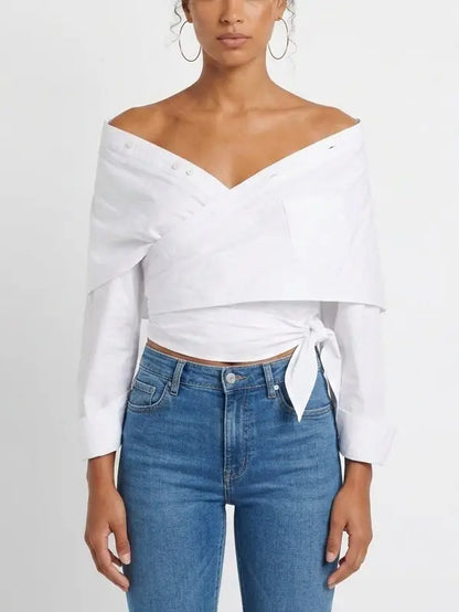 Off Shoulder Wrap Tie Waist Cotton Shirt - Small / White - Tops