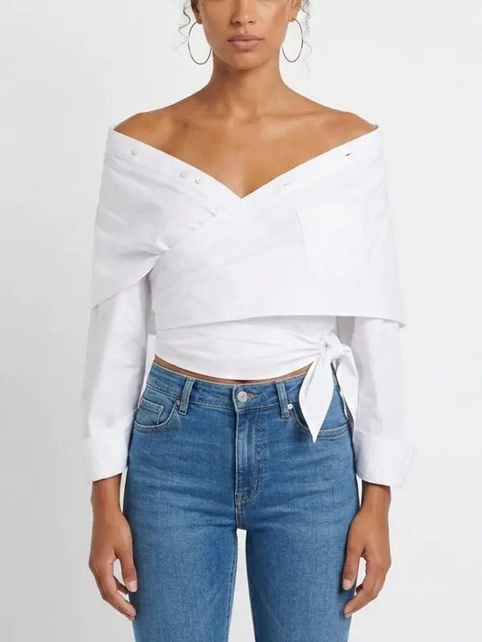 Off Shoulder Wrap Tie Waist Cotton Shirt - Small / White - Tops