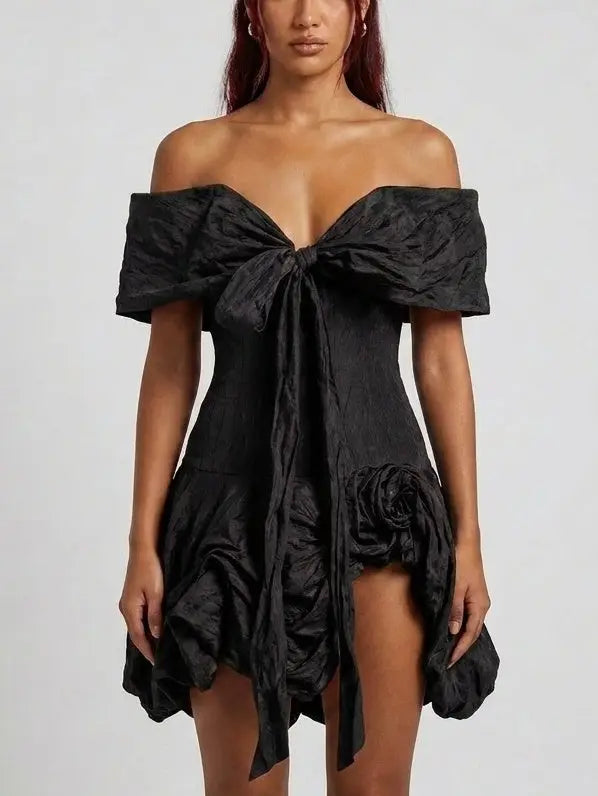 Off Shoulder Bow Front Mini Dress with 3D Floral Details - Dresses