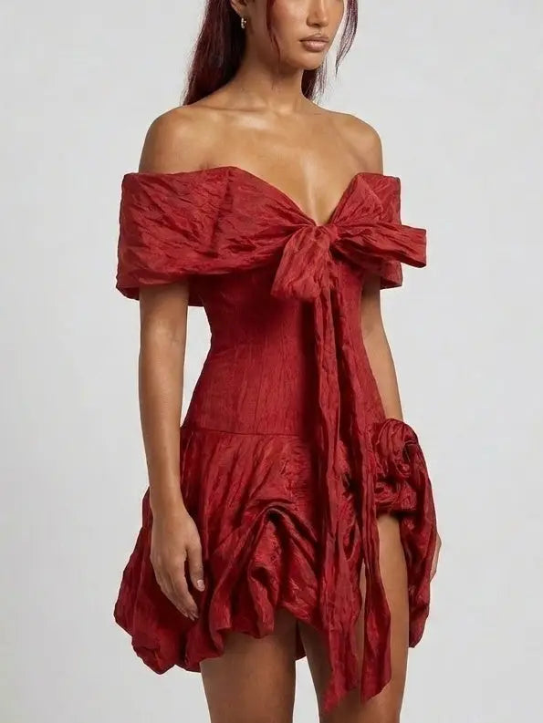 Off Shoulder Bow Front Mini Dress with 3D Floral Details - Dresses