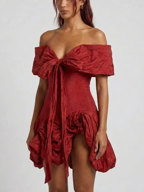 Off Shoulder Bow Front Mini Dress with 3D Floral Details - Dresses