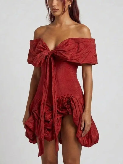 Off Shoulder Bow Front Mini Dress with 3D Floral Details - Dresses