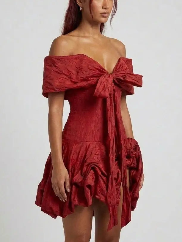 Off Shoulder Bow Front Mini Dress with 3D Floral Details - Dresses