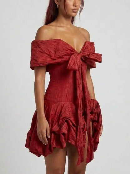 Off Shoulder Bow Front Mini Dress with 3D Floral Details - Dresses