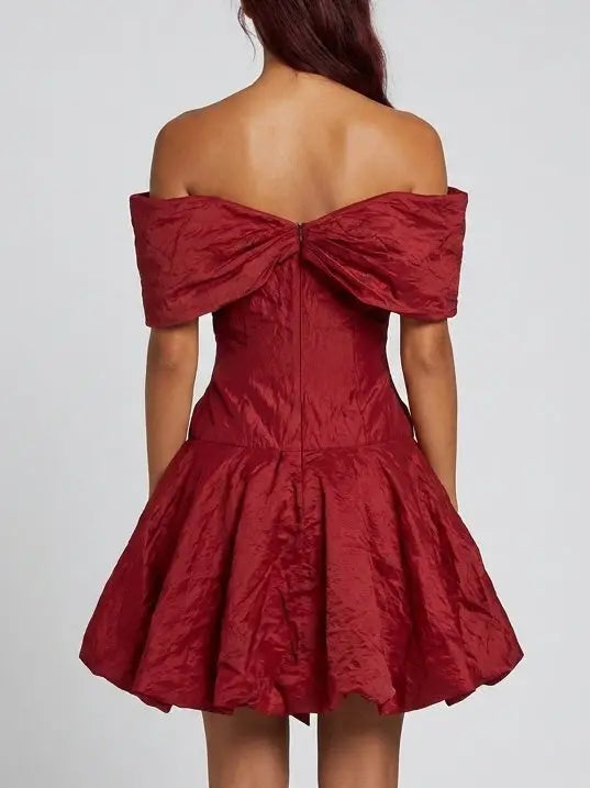 Off Shoulder Bow Front Mini Dress with 3D Floral Details - Dresses